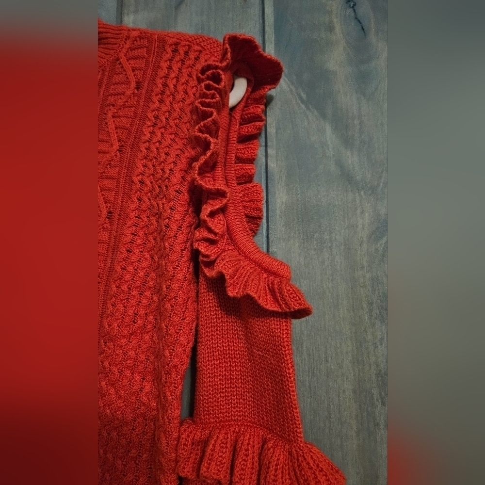 Express Red Cable Knit Cold Shoulder Ruffle Sweater XS - Picture 5 of 11
